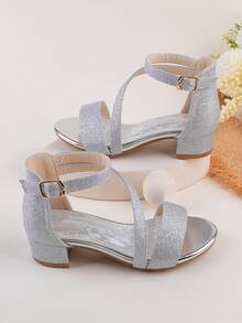 Girls' Sequin Sparkling Silver Ankle Strap Sandals, Kids Dressy Glitter High Heel Open Toe Party Wedding Flower Girl Shoes, Suitable For Toddler, Little & Big Girls - Silver - View 4