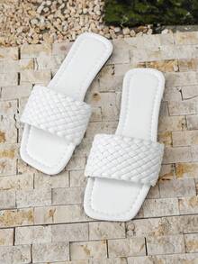 Sandalias planas y casuales de verano para mujer, sandalias de playa de tacón bajo con decoración de perlas - Blanco - Ver 3