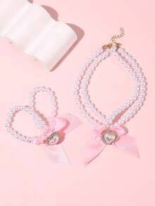 2pcs/Set Girl's Faux Pearl & Bow Decor Necklace & Bracelet Set - Pearl Beads - View 12