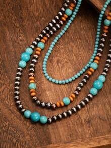 Vintage Beaded Necklace, Retro Western Style Turquoise Necklace Suitable For Women, Handmade Multilayer Beaded Jewelry Set Of 3, Versatile Accessory - Multicolor - View 6