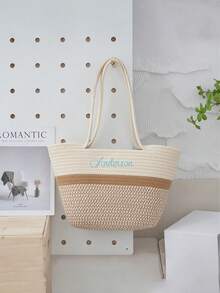 1pc Customized Embroidered Woven Beach Basket Bag For Women, Fashion Versatile Shoulder Tote Bag, Suitable For Beach Trip, Everyday Use, Gifts For Family, Friends, Mother, Partner, Great For Mother's Day, Valentine's Day, Nurses Day, Teacher's Day, Christmas, Birthday, School Supplies, For Teacher, For Boys And Girls, For Teenagers, Junior High School Students, Middle School Students, High School Senior High School Students, College Students, University Students, Freshman, Sophomore, Underclassmen - Multicolor - View 5