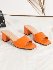 حذاء كعب عالي أنيق باللون البرتقالي للنساء، صنادل كعب عالي برتقالية عصرية للصيف، حذاء مول سهل الارتداء بكعب سميك وأصبع مربع، أحذية نسائية لامعة