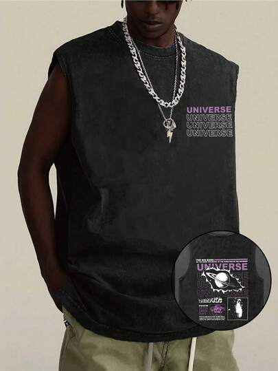 Plus Size Men's Casual Hollow-Out Earth Globe & Letter Graphic Sleeveless Tee, Y2K Street Style, Suitable For Daily Wear, Spring/Summer