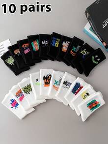 10 Pairs Unisex Graffiti Style Casual Ankle Socks, Breathable & Moisture-Wicking, Mixed Black & White, Versatile Street Style, Suitable For Spring/Summer, Fall - Multicolor - View 1