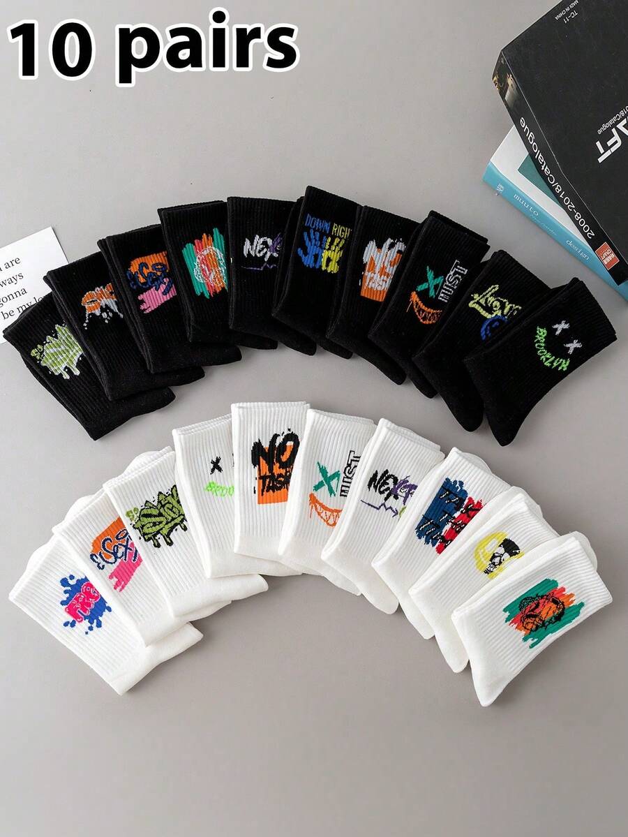 10 Pairs Unisex Graffiti Style Casual Ankle Socks, Breathable & Moisture-Wicking, Mixed Black & White, Versatile Street Style, Suitable For Spring/Summer, Fall - Multicolor - View 1