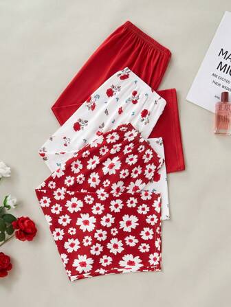 Set de 3 pantalones anchos de mujer de colores lisos, con estampados de margaritas y rosas, suaves y cómodos, aptos para todas las estaciones