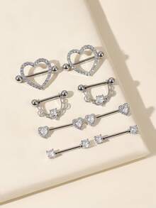 4对/套 不锈钢心形、U形和圆形装饰乳环 - 銀 - 查看 1