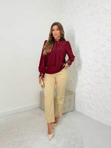 Elegant Women's Formal Blouse V Neck With Bow Lace Embroidered Blouse, Flared Sleeve Blouse, Lace Women's Tops - 酒紅色 - 查看 5