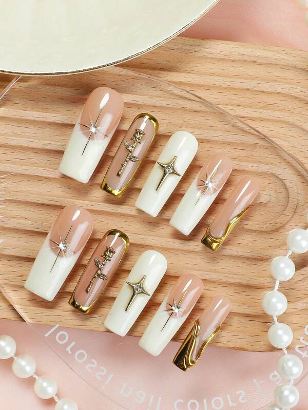 10pcs Handmade Square Long Nail Tips With 3D Line Art, Gold Flower, And Four-Pointed Star Designs, Fashion French Manicure Fake Nails For Women And Girls