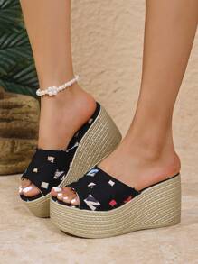 Women's Fashion Platform Wedge Sandals, Black Patch Thick Bottom Slide Sandals For Spring & Summer