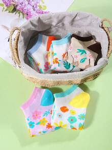 5 Pairs/Sets Of Women's Summer Colorful Flower Color-Blocking Women's Breathable Boat Socks, No Show Socks Are Suitable For Daily Outings, Home Use, Gifting, And Gym Use