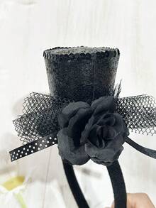 1pc Black/Red Miniature Top Hat Headband, Adorable Bow & Mesh Decor, Suitable For Party, Gathering, Tea Party, Teen BBQ, Music Festival - Multicolor - View 5