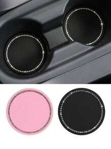 2pcs Crystal Studded Car Cup Holder Coasters, Round Silicone Anti-Slip Heat Insulation Mat, Car Accessories With Rhinestone Decor