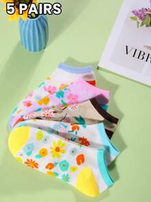 5 Pairs/Sets Of Women's Summer Colorful Flower Color-Blocking Women's Breathable Boat Socks, No Show Socks Are Suitable For Daily Outings, Home Use, Gifting, And Gym Use