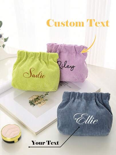 Personalized Corduroy Makeup Bag, Custom Text Name Lipstick Storage Bag, Women Simple Large Capacity Zipper Design Storage Pouch, Lipstick & Coin Purse, Great Gift For Friends, Girlfriend, Best Friends Birthday