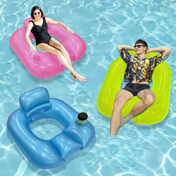 1 pieza Silla flotante inflable con forma cuadrada y revestimiento de perlas, Bote inflable de PVC para piscina y deportes acuáticos, disponible en varios colores, apto para vacaciones, playa y fiestas en la piscina