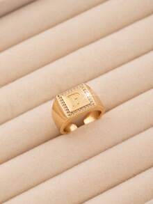 1pc Luxury Style 26 Letter Block Single-Sided Exquisite Cubic Zirconia Embellished Open Ring, Delicate Jewelry Accessory Suitable For Teenagers Daily Wear, 26 Initial Letter Ring Is An Ideal Gift For Friends - Gold - View 25