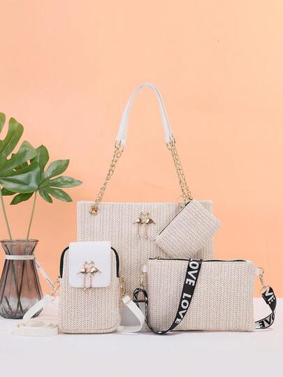 4pcs Handmade Woven Straw Bag Set - Small Swan Charm Metal Chain Strap Fashion Beach Bag, Chic Niche Design Crossbody Tote Bag