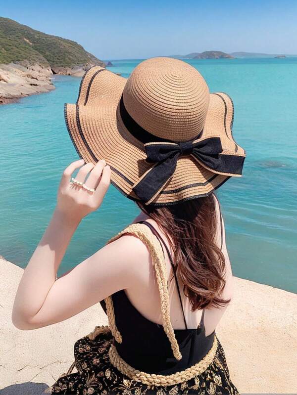 Sombrero de paja de ala ancha de 1 pieza en caqui y beige para mujer - Sombrero de verano casual bohemio para exteriores con lazo de cinta negra, protección UV para playa, jardín y viajes | Accesorio bohemio-chic transpirable y liviano