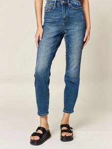 Women's Casual Jeans Urban Tummy Control High-Waisted Denim Pants Medium Blue Full Length Button And Zipper Closure Stretch Fit For Casual Everyday Wear