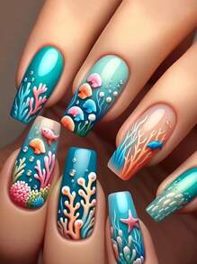 Medium And Long-Length Sky Blue Ocean Gradient Shiny Effect Press-On Fish French Tips Nail Art Shell Star Nail Stickers Dreamy Coral Press-On Nail Art Accessories Stickers Convenient For Daily Outings, Parties, Travel And Vacations Press-On Nails 24-Piece Finished Box Set With Jelly Glue And Rubbing Sticks