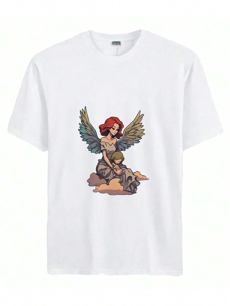 2025 Summer New Hot Selling T-Shirts- Stylized Illustration Of An Angel With Wings, Holding A Shield And Spear, With The Word 'VERSCE' At The Bottom - 白色 - 查看 1