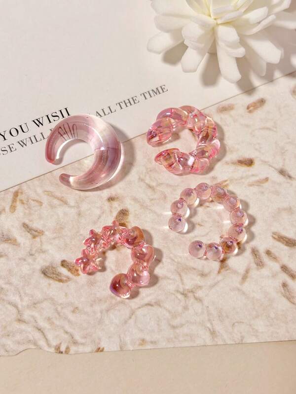 5 pièces/set Clips d'oreille colorés en acrylique sans perçage, simple, personnalisé, doux, comprenant des clips en forme de croissant, de cœur, d'étoile, de perle torsadée et en forme de C. Parure de bijoux cadeau pour femmes.