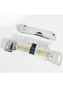 Set de 7 piezas para abrir cerraduras con una cerradura de entrenamiento transparente 2 en 1 de LockCowboy. Gadgets geniales para hombres e incluye guías electrónicas para cerrajeros principiantes y profesionales, también se pueden utilizar para decoración.