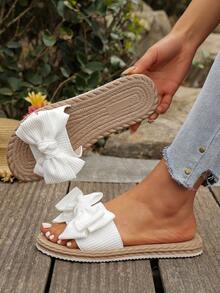 Women's Bow Decor Flat Sandals, Round Toe Slip-On Summer Shoes, Fashion Comfortable Ladies Beach Shoes, Lightweight Women Sandals