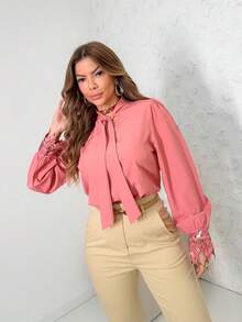 Elegant Women's Formal Blouse V Neck With Bow Lace Embroidered Blouse, Flared Sleeve Blouse, Lace Women's Tops - 藕粉色 - 查看 4