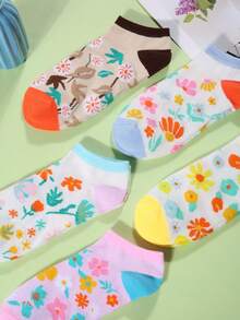 5 Pairs/Sets Of Women's Summer Colorful Flower Color-Blocking Women's Breathable Boat Socks, No Show Socks Are Suitable For Daily Outings, Home Use, Gifting, And Gym Use