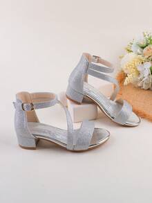 Girls' Sequin Sparkling Silver Ankle Strap Sandals, Kids Dressy Glitter High Heel Open Toe Party Wedding Flower Girl Shoes, Suitable For Toddler, Little & Big Girls - Silver - View 3