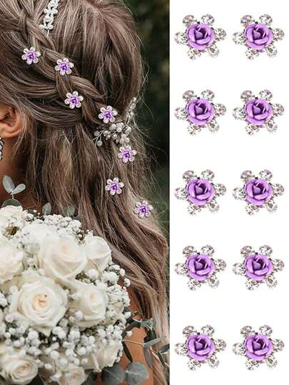 10 piezas Elegantes Clips para el cabello con mini flores moradas, Lindos Pasadores para el cabello con Rhinestones, Accesorios para el cabello para decoración de bodas, Clips para el cabello de novia adecuados para accesorios del Día de San Valentín para mujeres