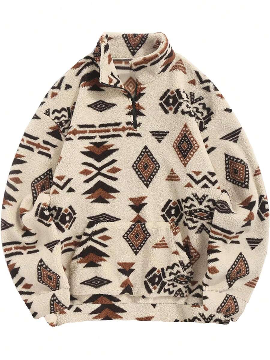 Men's Retro Totem Printed Quarter Zip Pullover Sweatshirt, Fall/Winter, Long Sleeve Top - Beige - View 1