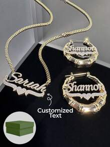 1 Set de joyería personalizada con texto de moda, collar con placa con nombre, juego de aretes exageradamente grandes, estilo enamorado del Día de San Valentín, collar enchapado en oro de 18k de acero inoxidable, empaquetado en una elegante caja de regalo de alta gama, como regalo para seres queridos en el Día de la Madre y el Día de San Valentín