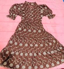 Women's Fashion Midi Dress In 3D Laise Fabric With Elastex On The Back And Button On The Front And Lining - Rust Brown - View 3