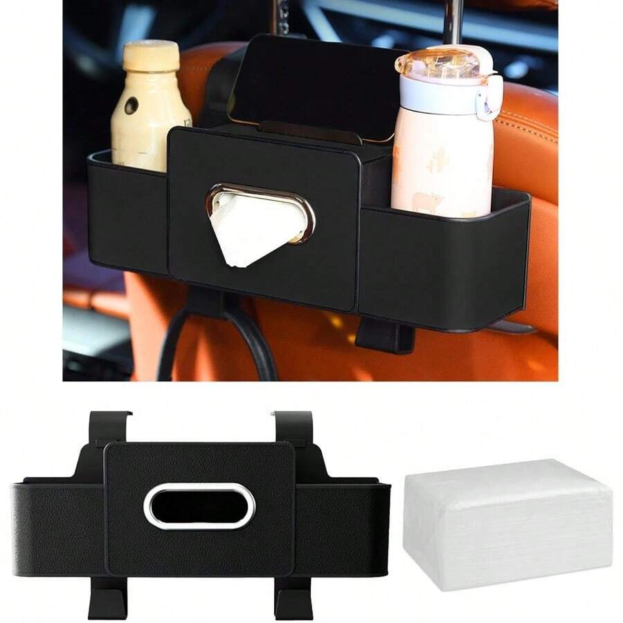 Organizador para asiento trasero del automóvil con portavasos, caja de pañuelos y ganchos de almacenamiento. Organizador multifuncional para el automóvil que sirve para sostener teléfonos, bocadillos, bebidas y bolsos. Compatible con la mayoría de los vehículos, en color negro. - Negro - Ver 1