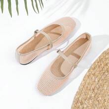 女士网面芭蕾平底鞋，透气休闲方头，时尚舒适软底平底鞋 - 粉紅金色 - 查看 4