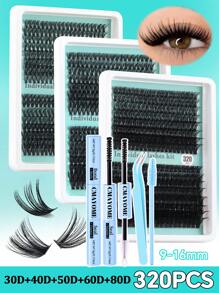 Kit de pestañas postizas rizadas y esponjosas con rizado D, 30D+40D+50D+60D+80D, 320 racimos de pestañas de estilo mixto de 10-18mm, set de pestañas dramático para principiantes, reutilizable con pegamento, incluye pincel para pestañas, pinzas y herramientas aplicadoras, ligero, portátil, pestañas listas para exterior