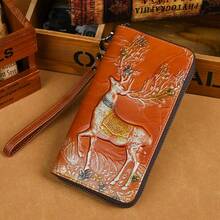 Vintage Deer Head Embossed Genuine Leather Zipper Wallet Large Capacity Clutch Purse With Multiple Card Slots For Women Mini Wallet Purse Wallet Long Wallet Keychain Wallet Wristlet Wallet