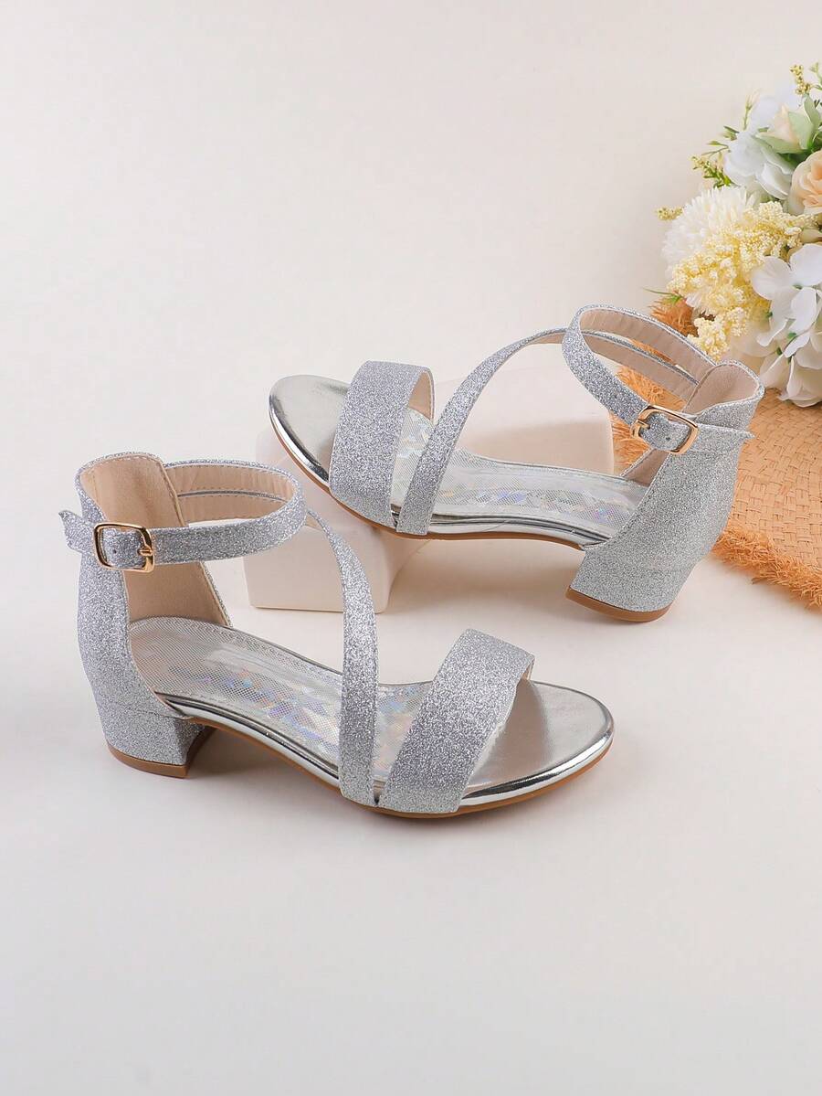 Girls' Sequin Sparkling Silver Ankle Strap Sandals, Kids Dressy Glitter High Heel Open Toe Party Wedding Flower Girl Shoes, Suitable For Toddler, Little & Big Girls - Silver - View 1