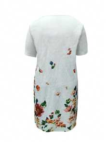 大码女式印花V领短袖连衣裙，夏季透气面料，适合中老年女性休闲度假穿着，优雅白色 - 白色 - 查看 2