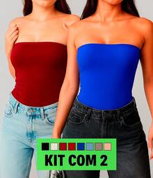 KIT 2 Basic Tube Cropped Top For Women, Strapless, Double Fabric, Without Pads - Wine + Royal Blue - View 1