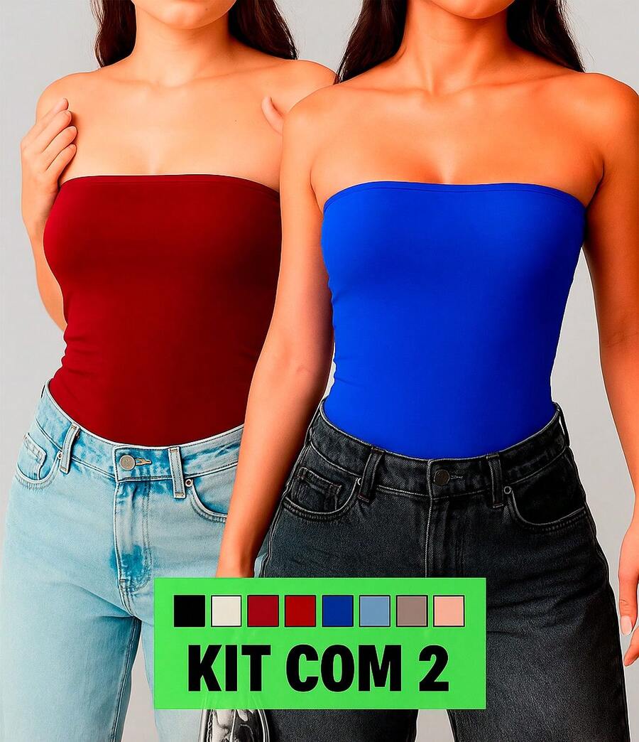 KIT 2 Basic Tube Cropped Top For Women, Strapless, Double Fabric, Without Pads - Wine + Royal Blue - View 1