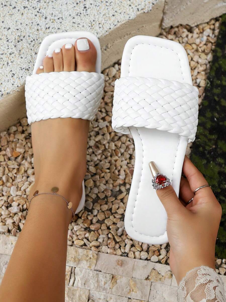 Sandalias planas y casuales de verano para mujer, sandalias de playa de tacón bajo con decoración de perlas