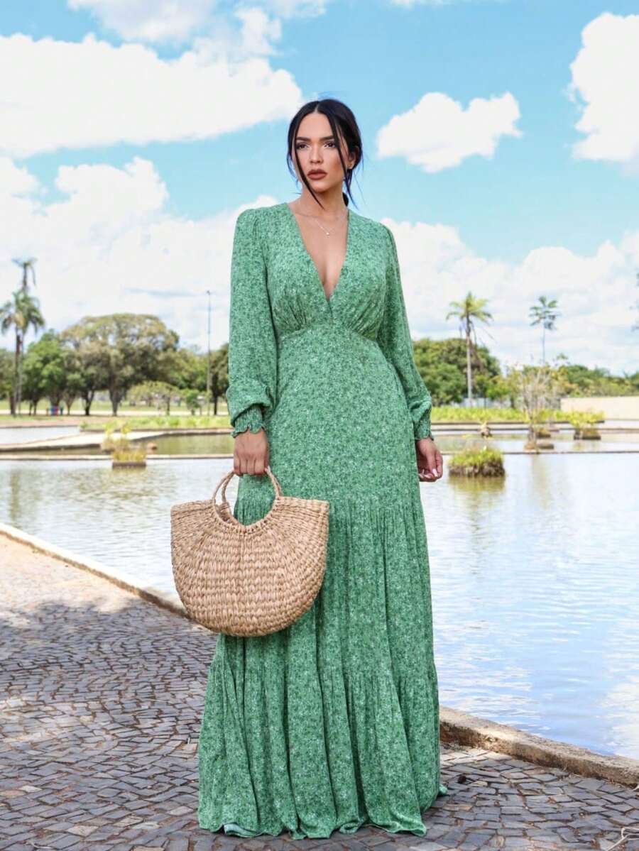 Elegant Printed Boho Chic Long Dress - Mint Green - View 1