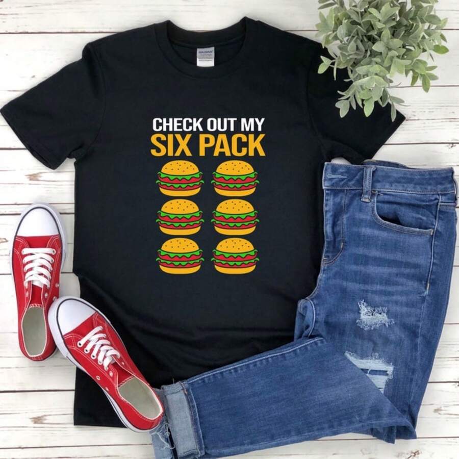 Check Out My Six Pack, Funny Foodie Shirt, Cheeseburger Lover Shirt, Funny Food Shirt, Food Pun Shirt, Fastfood Shirt - Black - View 1