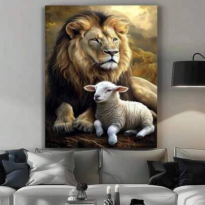 1PC Lion And Lamb Canvas Print, Symbolic Peaceful Animal Wall Art, Spiritual Harmony Artwork, Serene Home Decor Paintings In Living Rooms, Bedrooms, Dining Rooms Optional Frames Modern Posters, Wall Arts, Canvas Paintings, And Reusable Frames ,Wall Art With Frame