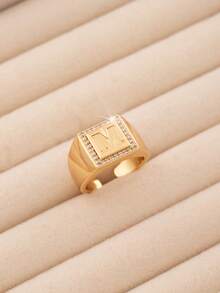 1pc Luxury Style 26 Letter Block Single-Sided Exquisite Cubic Zirconia Embellished Open Ring, Delicate Jewelry Accessory Suitable For Teenagers Daily Wear, 26 Initial Letter Ring Is An Ideal Gift For Friends - Gold - View 5