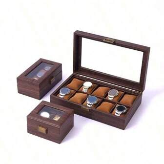 1pc Wooden Grain Leather Watch Storage Box, Glass Lid Watch Collection Organizer Case For Bracelet & Watch Display For Women Storage Organizer Travel Essentials Back To School Dormitory Storage Fall Decor